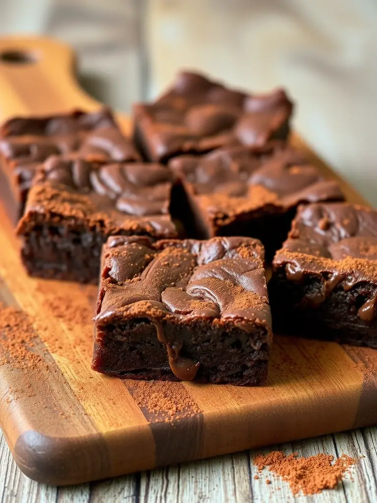 A visually appealing shot of the Psilocybin Brownies, showcasing their fudgy texture and rich chocolate color. The brownies are arranged on a wooden cutting board with a sprinkle of cocoa powder.