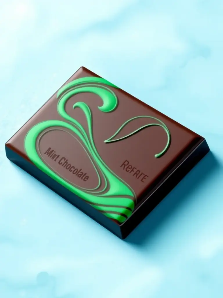 A Mint Chocolate Escape bar with a vibrant green mint swirl pattern on a dark chocolate surface. The bar is placed on a cool, blue background to evoke a refreshing sensation.