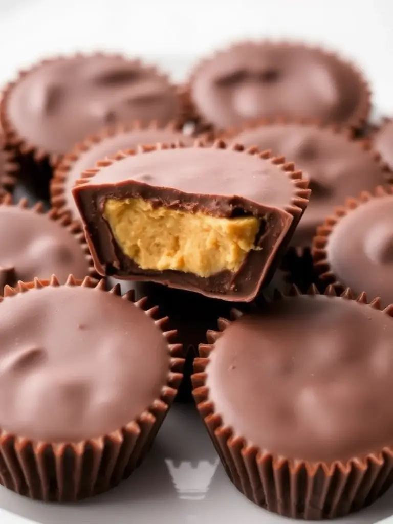 A close-up image of the Peanut Butter Cups, highlighting the creamy peanut butter filling and the smooth dark chocolate exterior. The cups are arranged on a white plate to emphasize their layers.