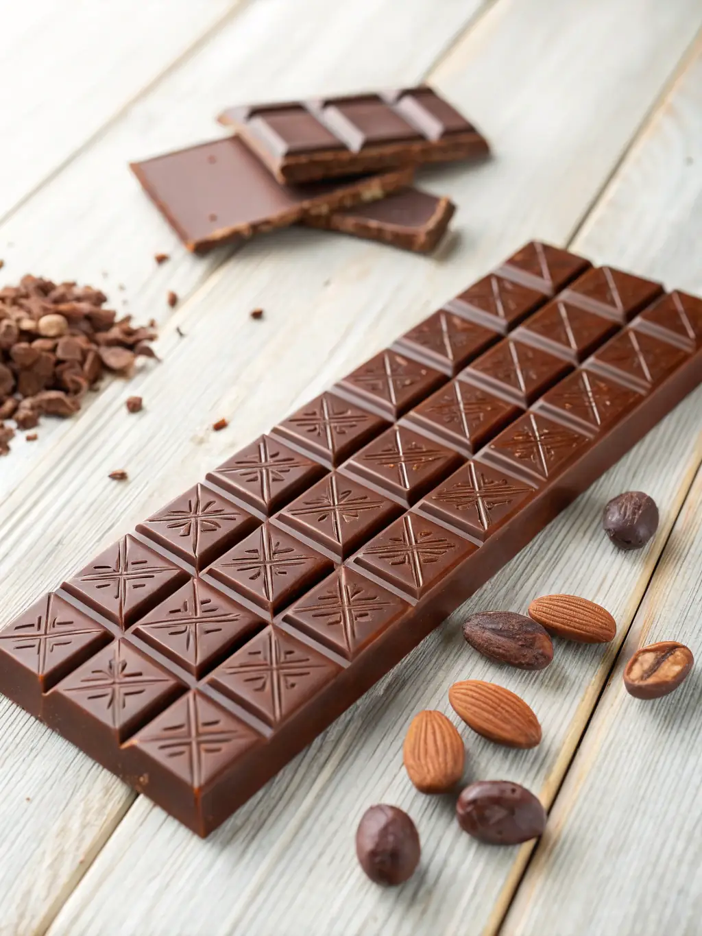 A Hazelnut Infusion bar with visible pieces of hazelnuts embedded within the chocolate. The bar is placed on a wooden surface to emphasize its natural ingredients.