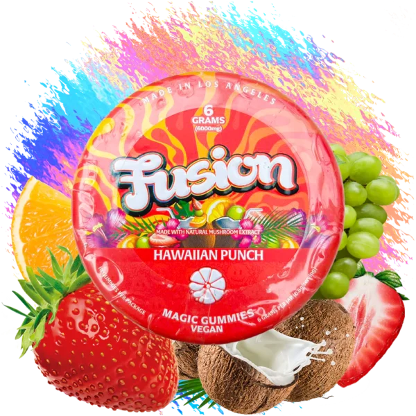 Fusion Magic Gummies Hawaiian Punch – a vibrant pack of Hawaiian Punch-flavored gummies, offering a tropical burst of fruity flavors, displayed in bright, colorful packaging