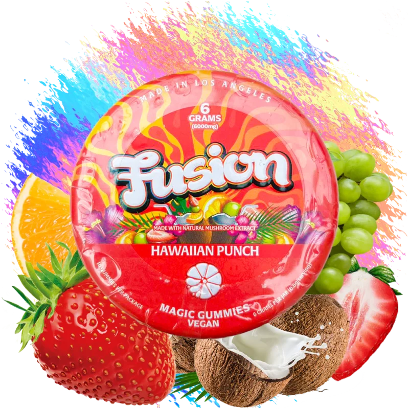 Fusion Magic Gummies Hawaiian Punch – a vibrant pack of Hawaiian Punch-flavored gummies, offering a tropical burst of fruity flavors, displayed in bright, colorful packaging
