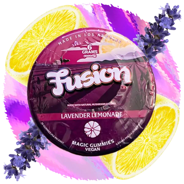 Fusion Magic Gummies Lavender Lemonade – a soothing blend of lavender and zesty lemonade-flavored gummies, beautifully packaged and displayed with a fresh, calming aesthetic