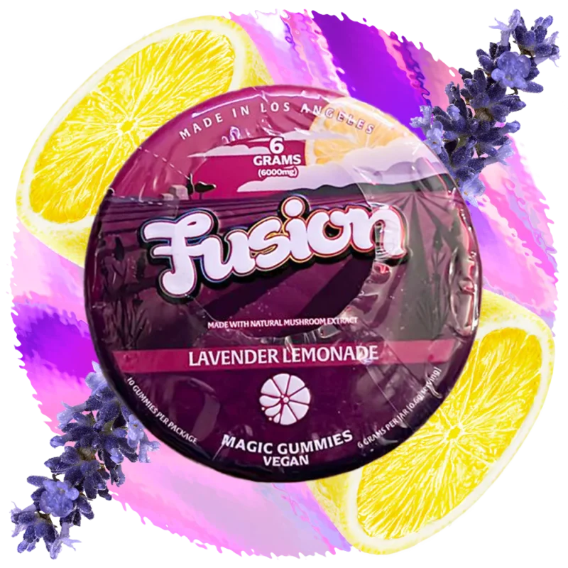 Fusion Magic Gummies Lavender Lemonade – a soothing blend of lavender and zesty lemonade-flavored gummies, beautifully packaged and displayed with a fresh, calming aesthetic