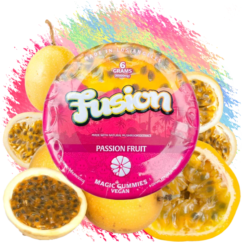 Fusion Magic Gummies Passion Fruit – a vibrant pack of passion fruit-flavored gummies, offering a tropical and tangy flavor experience, displayed in colorful packaging.