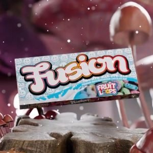 Fusion Fruit Loops Chocolate Bar – a colorful chocolate bar infused with fruity flavors inspired by Fruit Loops cereal, featuring vibrant, crunchy pieces and smooth chocolate coating.