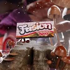 Fusion Magic Mushroom Chocolate Bar Twixy – a decadent chocolate bar infused with magic mushrooms and Twix-inspired layers of caramel and cookie, shown in premium packaging.