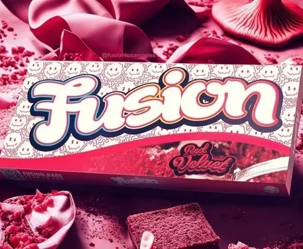 Fusion Magic Mushroom Chocolate Red Velvet – a luxurious red velvet-flavored chocolate bar infused with magic mushrooms, featuring a smooth texture and elegant packaging